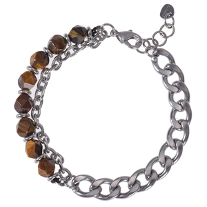Men Double Layer Bracelet Stainless Steel Faceted Tiger Eye Natural Stone Cuban Chain Fashion Jewelry