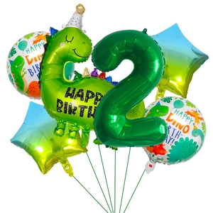 Green dinosaur theme birthday party balloon set with giant number 2 and star foil balloons