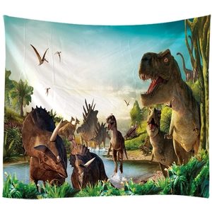 Dinosaur tapestry featuring T-Rex and Triceratops in a lush Jurassic forest setting
