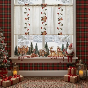 Christmas lace cafe curtain with bell embroidery for festive window decor in cream color