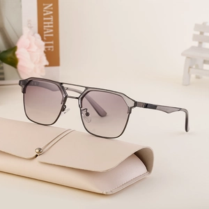 Retro cat-eye sunglasses with transparent grey frames and purple gradient lenses with case