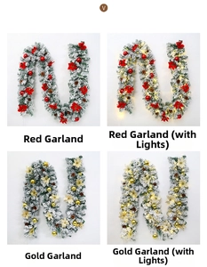 Close-up of snowy flocked Christmas garland featuring red flowers, pine cones and LED lights