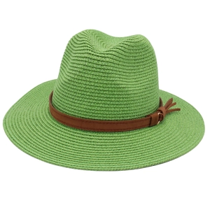 Detail of woven straw fedora hat in grass green with a brown leather belt and metal buckle