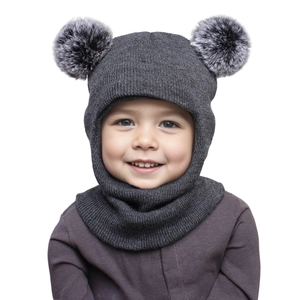 Detail of dark grey kids knitted hood with double faux fur pom-poms and integrated scarf