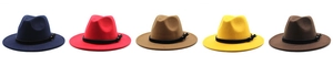 Cappelli fedora in lana a tesa larga in cinque colori classici con cinturini neri