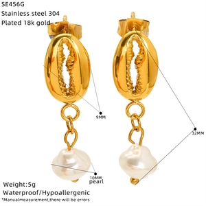 Detailed size specifications for gold plated stainless steel cowrie shell pearl earrings