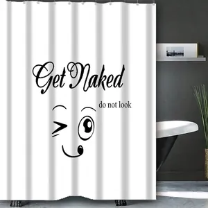 Minimalistischer weißer Duschvorhang mit Get Naked Aufdruck und lustigem Smiley-Gesicht