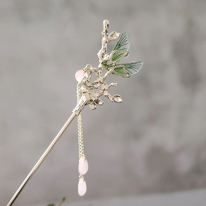Vintage silver hair stick with green dragonfly wings and pink tassel accents