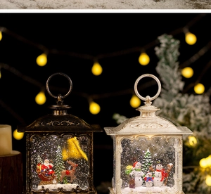 Detail of Christmas lanterns featuring Santa and snowmen with warm light and swirling glitter