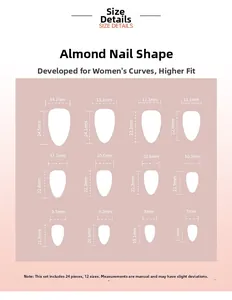 Size guide for almond press-on nails showing 24 pieces in 12 different widths and heights