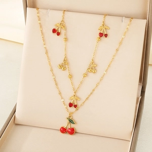 Parure de bijoux en acier inoxydable doré avec colliers et boucles d'oreilles cerise