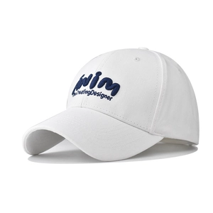 Classic white washed cotton baseball cap with blue 3D letter embroidery and curved brim