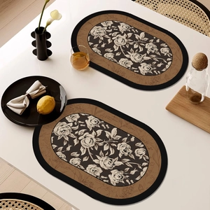 Waterproof oval leather placemats set of 2 with vintage rose floral pattern and anti-slip edge
