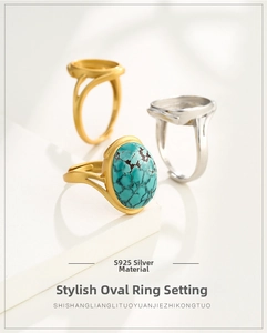 Detail of adjustable S925 silver oval ring base with turquoise inlay and hollow design