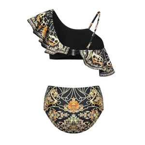 Detail of two-piece bikini with gold baroque lion prints and ruffled shoulder strap