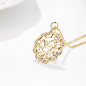 Gold MOM flower heart pendant necklace with shimmering zircon stones and clear crystals