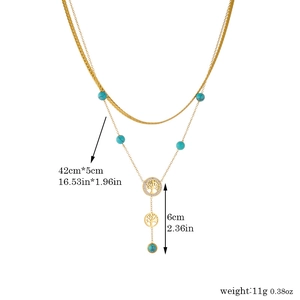 Double-layered gold plated stainless steel necklace with turquoise beads and tree of life