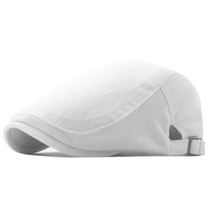 Detail of white cotton beret featuring a side silver metal adjustable buckle and twill fabric