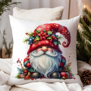 Close-up of watercolor Christmas gnome pillowcase among pine cones and warm lights