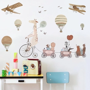 Cartoon animal wall stickers with giraffes and hot air balloons for kids room decoration