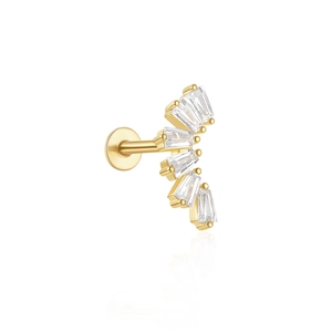 Macro view of gold-plated 925 silver labret featuring five rectangular zircon stones