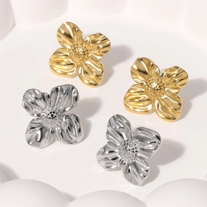 Floral Stud Earrings Stainless Steel Textured 3D Flower Elegant Minimalist Sweet Jewelry For Women