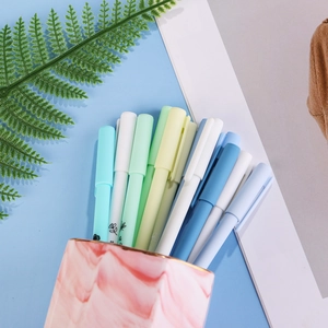 Close-up of Morandi-colored pens with floral motifs and marble texture holder