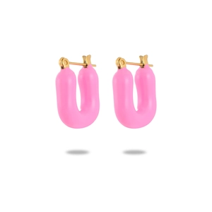 Close-up of pink enamel U-shaped stainless steel earrings with gold-plated accents