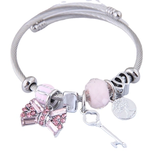 Silver tree of life charm bracelet with pink crystal beads and bowknot key charms