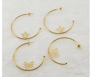 Detailed view of 18K gold stainless steel hoop earrings with hollow star and butterfly motifs