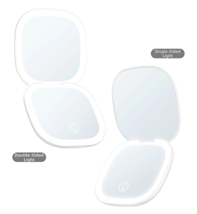 Detail of white foldable LED mirrors showing single-sided and double-sided light options