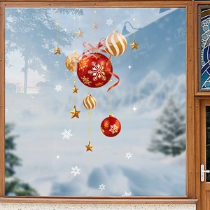 Stickers de Noël statiques avec boules rouges et dorées et flocons blancs pour vitrines