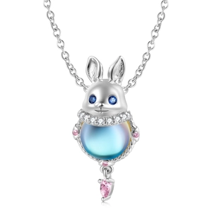 Rabbit Pendant Necklace 925 Sterling Silver Moonstone Colorful Zirconia Cute Animal Style Jewelry For Women