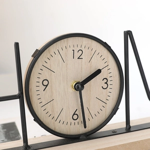 Minimalist Nordic desk clock with black metal frame and wooden face for home decor