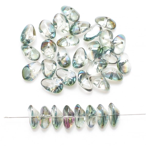 Detail view of 8x17mm iridescent glass beads with vertical holes for DIY jewelry