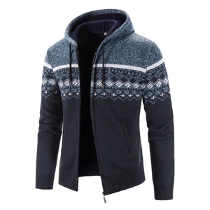Cardigan in maglia da uomo blu scuro con fodera in pile e motivo jacquard nordico