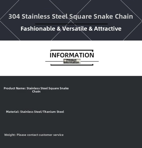 Specifications chart for stainless steel square snake chain necklace with material details