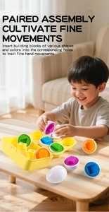 Toddler playing with educational color matching eggs in a yellow storage box