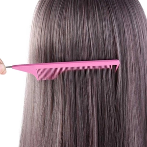 Pink rat tail comb for professional hairstyling and parting dark blonde hair