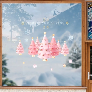 Pink 3D Christmas tree static window clings with golden stars and white snowflakes decor