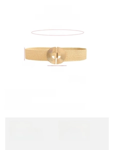 Size chart showing dimensions for beige woven elastic belt with alloy buckle details