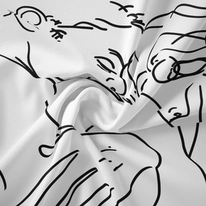 Detail of artistic line art tapestry with minimalist face pattern on soft white fabric
