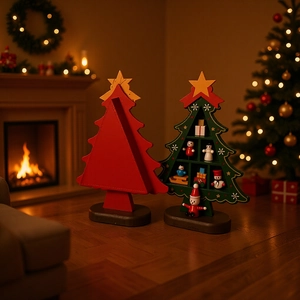 Mini wooden Christmas tree desktop decor with small figurines and festive red green finish