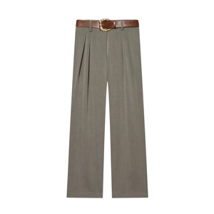Pantalon Taille Haute Jambe Large Et Ceinture Cuir Boucle Métal Doré Tissu Sergé Décontracté Élégant Femme