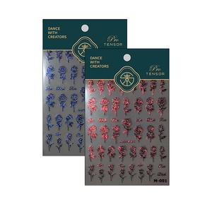3D bronzing rose nail stickers with holographic glitter and blue-red floral patterns