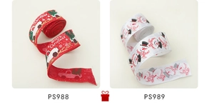 Detail of Christmas ribbons with snowman and car prints in red and white colors