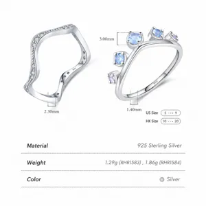 Bague vague en argent sterling S925 et bague couronne avec pierres bleues et violettes