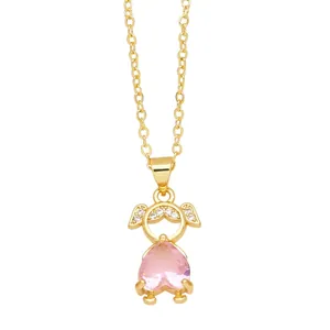Cartoon girl pendant necklace with pink heart gemstone and gold chain for women
