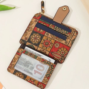 Slim cork wallet for women with colorful ethnic floral patterns and secure card slots