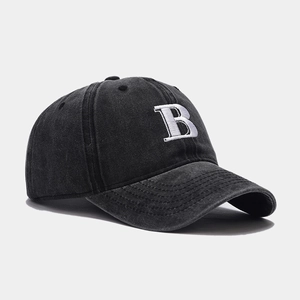 Vintage black washed denim baseball cap with white 3D embroidered letter B and soft crown